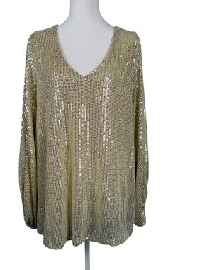 Vine & Love Glam Gold Sequin V-Neck Balloon Sleeve Top Size L festive Party Wear